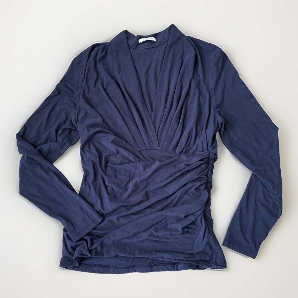 MM.LaFleur Navy ruched wrap top v neck long sleeve stretch luxury classy XL